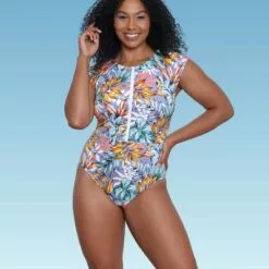 Women's Slimming Control Zip-Front Cap Sleeve One Piece Swimsuit - Beach Betty by Miracle Brands Blue 19 Women's Slimming Control Zip-Front Cap Sleeve One Piece Swimsuit - Beach Betty by Miracle Brands Blue -Swimsuits Popular Store unnamed file 7767