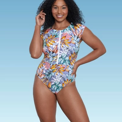 Women's Slimming Control Zip-Front Cap Sleeve One Piece Swimsuit - Beach Betty by Miracle Brands Blue 9 Women's Slimming Control Zip-Front Cap Sleeve One Piece Swimsuit - Beach Betty by Miracle Brands Blue - Image 7