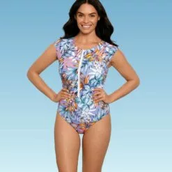 Women's Slimming Control Zip-Front Cap Sleeve One Piece Swimsuit - Beach Betty by Miracle Brands Blue 23 Women's Slimming Control Zip-Front Cap Sleeve One Piece Swimsuit - Beach Betty by Miracle Brands Blue -Swimsuits Popular Store unnamed file 7771