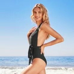 Women's Black One Piece Swimsuit Deep V Neck Self Tied Belt Bathing Suit-Cupshe -Swimsuits Popular Store unnamed file 7875