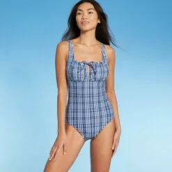 Women's Tunnel High Coverage One Piece Swimsuit - Kona Sol™ Blue Check -Swimsuits Popular Store unnamed file 7889
