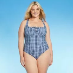 Women's Tunnel High Coverage One Piece Swimsuit - Kona Sol™ Blue Check -Swimsuits Popular Store unnamed file 7894