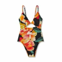Women's Front Keyhole Tie Back One Piece Swimsuit - Shade & Shore™ Black Floral -Swimsuits Popular Store unnamed file 7906