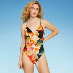 Women's Front Keyhole Tie Back One Piece Swimsuit - Shade & Shore™ Black Floral -Swimsuits Popular Store unnamed file 7908