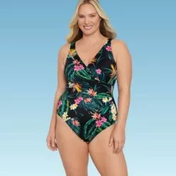 Women's Slimming Control Wrap-Front One Piece Swimsuit - Dreamsuit by Miracle Brands Black Floral Print -Swimsuits Popular Store unnamed file 7925