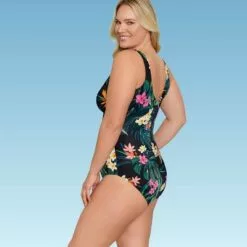 Women's Slimming Control Wrap-Front One Piece Swimsuit - Dreamsuit by Miracle Brands Black Floral Print -Swimsuits Popular Store unnamed file 7927