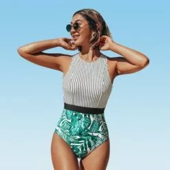 Women's Black Striped Leafy One Piece Swimsuit-Cupshe -Swimsuits Popular Store unnamed file 7936