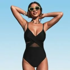 Women's V Neck One Piece Swimsuit Crisscross Mesh Mid Cut Bathing Suit-Cupshe -Swimsuits Popular Store unnamed file 8099