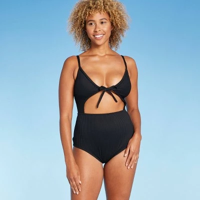 Women's Ribbed Tunnel Tie-Front Cut Out One Piece Swimsuit - Shade & Shore™ Black 4 Women's Ribbed Tunnel Tie-Front Cut Out One Piece Swimsuit - Shade & Shore™ Black - Image 2