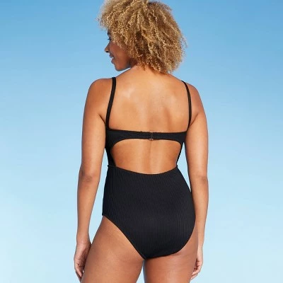Women's Ribbed Tunnel Tie-Front Cut Out One Piece Swimsuit - Shade & Shore™ Black 5 Women's Ribbed Tunnel Tie-Front Cut Out One Piece Swimsuit - Shade & Shore™ Black - Image 3