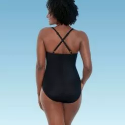 Women's Slimming Control Wrap Mesh Inset One Piece Swimsuit - Dreamsuit by Miracle Brands Black Multi