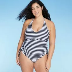 Women's Long Torso Ring Back Side-Cinch High Coverage One Piece Swimsuit - Kona Sol™ Navy Stripe -Swimsuits Popular Store unnamed file 8188