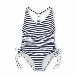 Women's Long Torso Ring Back Side-Cinch High Coverage One Piece Swimsuit - Kona Sol™ Navy Stripe -Swimsuits Popular Store unnamed file 8190
