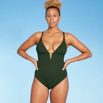 Women's Ribbed Plunge Front V-Wire Tall/Long Torso One Piece Swimsuit - Shade & Shore™ Dark Green 4 Women's Ribbed Plunge Front V-Wire Tall/Long Torso One Piece Swimsuit - Shade & Shore™ Dark Green - Image 2