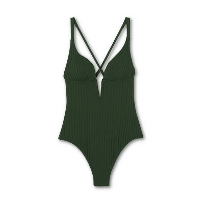 Women's Ribbed Plunge Front V-Wire Tall/Long Torso One Piece Swimsuit - Shade & Shore™ Dark Green 5 Women's Ribbed Plunge Front V-Wire Tall/Long Torso One Piece Swimsuit - Shade & Shore™ Dark Green - Image 3