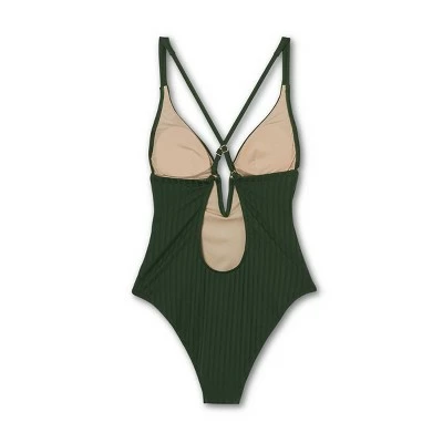 Women's Ribbed Plunge Front V-Wire Tall/Long Torso One Piece Swimsuit - Shade & Shore™ Dark Green 6 Women's Ribbed Plunge Front V-Wire Tall/Long Torso One Piece Swimsuit - Shade & Shore™ Dark Green - Image 4