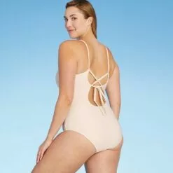 Women's Textured Pique Vanilla Latte Ring Hardware Medium Coverage One Piece Swimsuit - Kona Sol™ Ivory XL -Swimsuits Popular Store unnamed file 8483