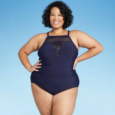Women's Plus Size Crochet High Neck One Piece Swimsuit - Aqua Green® Navy 10 Women's Plus Size Crochet High Neck One Piece Swimsuit - Aqua Green® Navy - Image 8