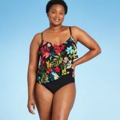 Women's Tiered One Piece Swimsuit - Aqua Green® Black Multi -Swimsuits Popular Store unnamed file 8726