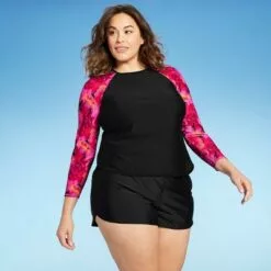 Women's Long Sleeve Rash Guard - All in Motion™ Black & Pink Floral -Swimsuits Popular Store unnamed file 9173