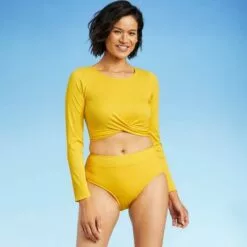 Women's Twist-Front Ribbed Long Sleeve Cropped Rash Guard - All in Motion™ Golden Yellow -Swimsuits Popular Store unnamed file 9179
