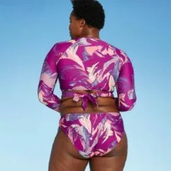 Women's Tie Back Long Sleeve Cropped Rash Guard - All in Motion™ Purple Floral -Swimsuits Popular Store unnamed file 9194