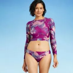 Women's Tie Back Long Sleeve Cropped Rash Guard - All in Motion™ Purple Floral -Swimsuits Popular Store unnamed file 9198