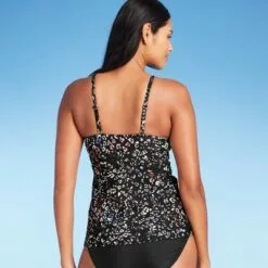 Women's Keyhole High Neck Tankini Top - Kona Sol™ Black Animal Print