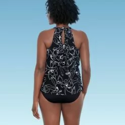 Women's Slimming Control Keyhole Tiered High Neck Tankini Top - Dreamsuit by Miracle Brands Black