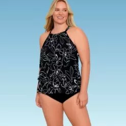 Women's Slimming Control Keyhole Tiered High Neck Tankini Top - Dreamsuit by Miracle Brands Black -Swimsuits Popular Store unnamed file 9690