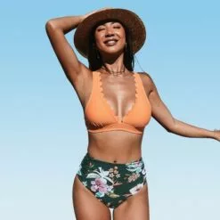 Women's Orange Scalloped Bikini Swimsuit High Waist Ruched Bathing Suit- Cupshe -Swimsuits Popular Store unnamed file 99